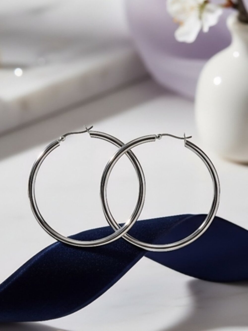 Silver Round Hoop Earrings Large 2" White Gold Plated Stainless Steel Minimalist - Picture 6 of 15